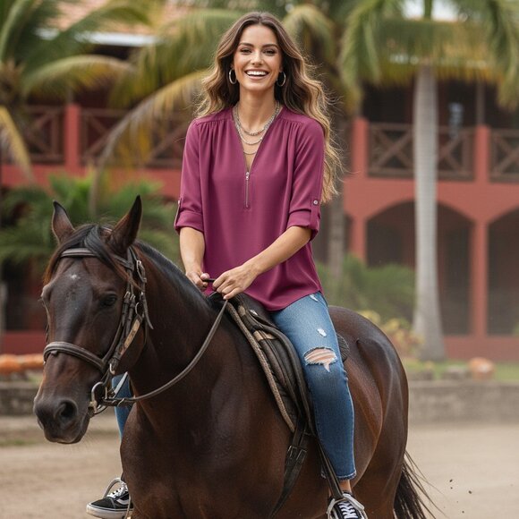 🆕️Ultra-Chic Purple V-Neck Blouse with Zip Detail & Roll-Up Sleeves Trendy 💜✨ - Picture 14 of 14